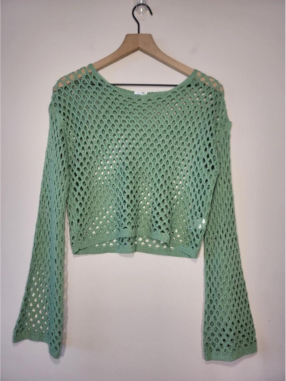 En Crème Sage Open-Knit Bell Sleeve Crop Top Fairy Y2K L